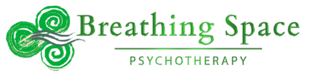 Breathing Space Psychotherapy logo includes the triskelion symbol with 3 waving lines in the middle. The logo's color is green.