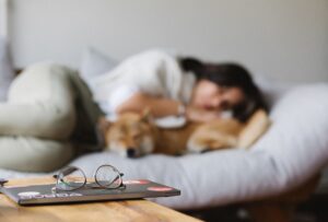 planner and eyeglasses placed on table near anonymous woman and dog sleeping on sofa