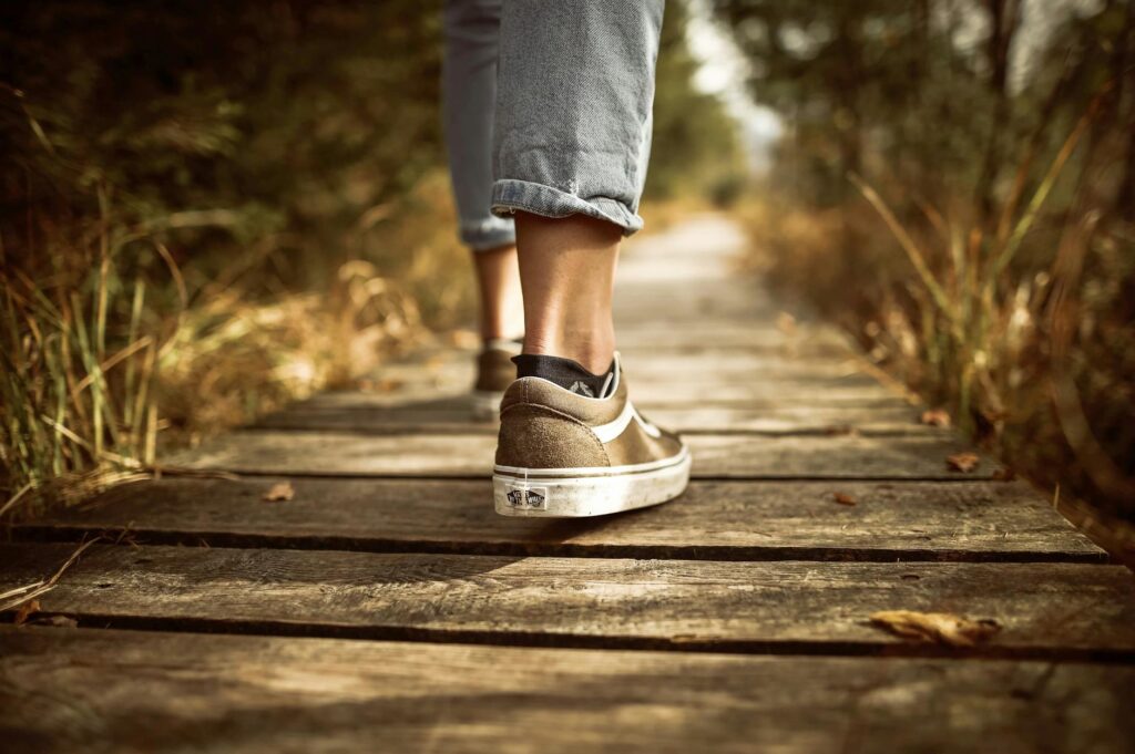 A person walks along a boarded walkway in the woods.