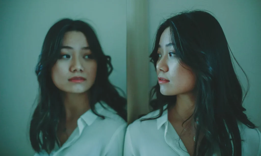 A young woman looks into the mirror at herself. The photo is bleak and saturated in cold tones.